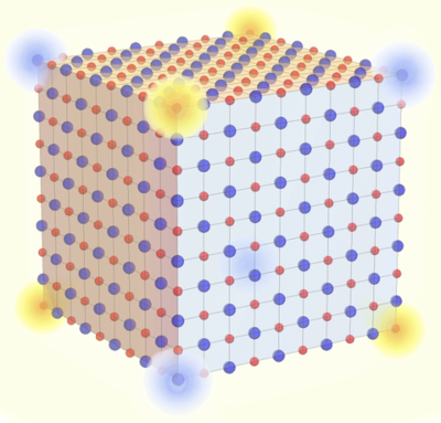 Sodium chloride crystal showing fractional charges at corners